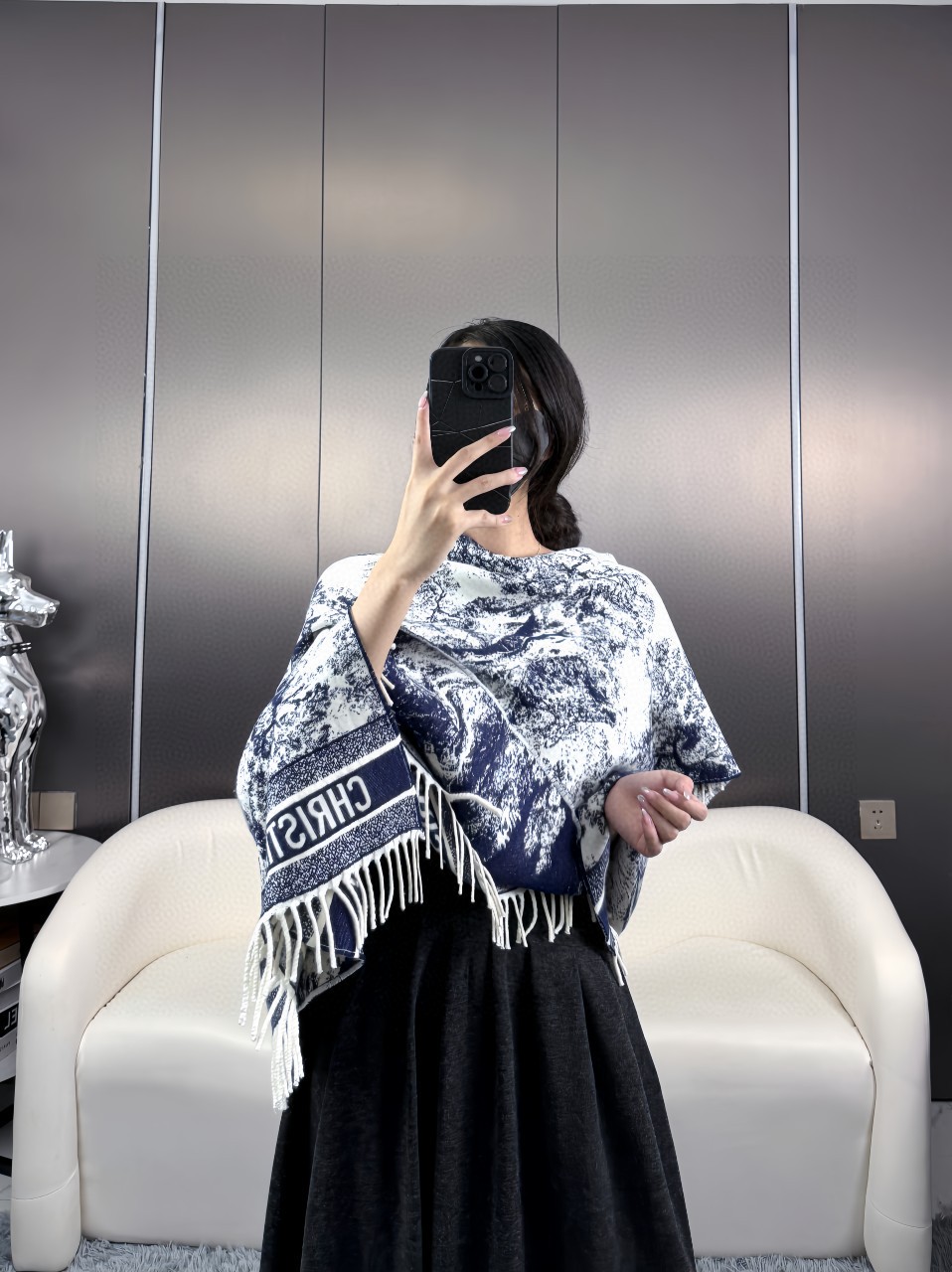 [TOP] Christian Dior Cashmere Scarf 140x140cm - Navy Blue/White
