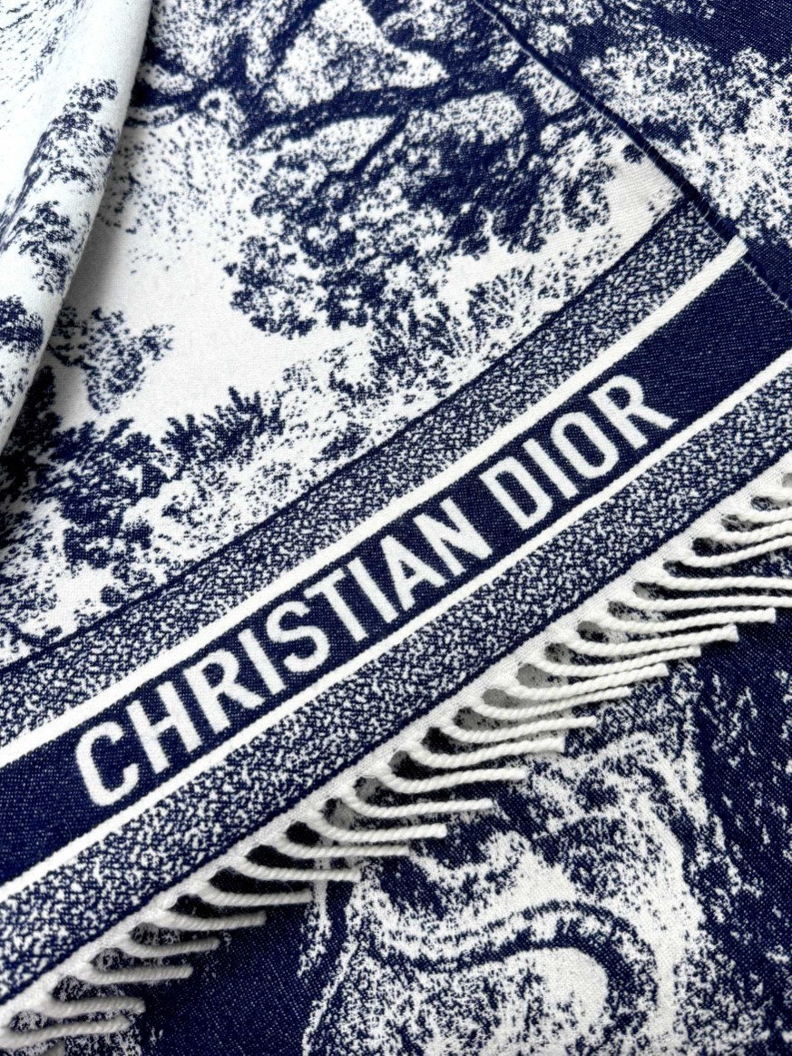 [TOP] Christian Dior Cashmere Scarf 140x140cm - Navy Blue/White