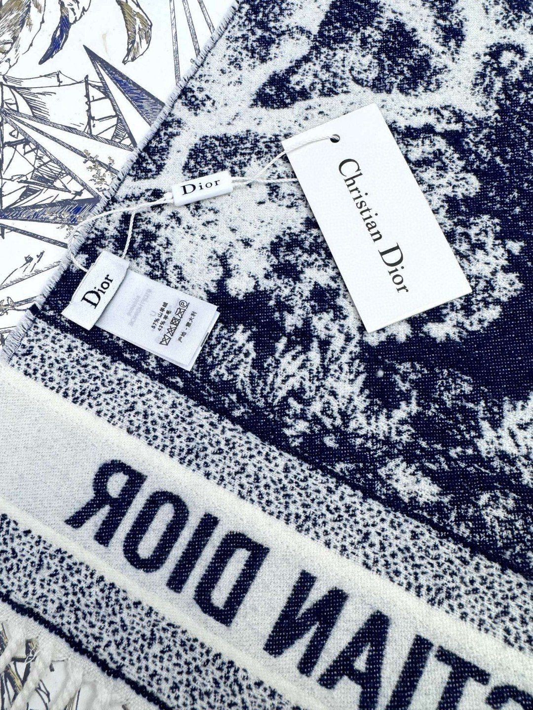 [TOP] Christian Dior Cashmere Scarf 140x140cm - Navy Blue/White