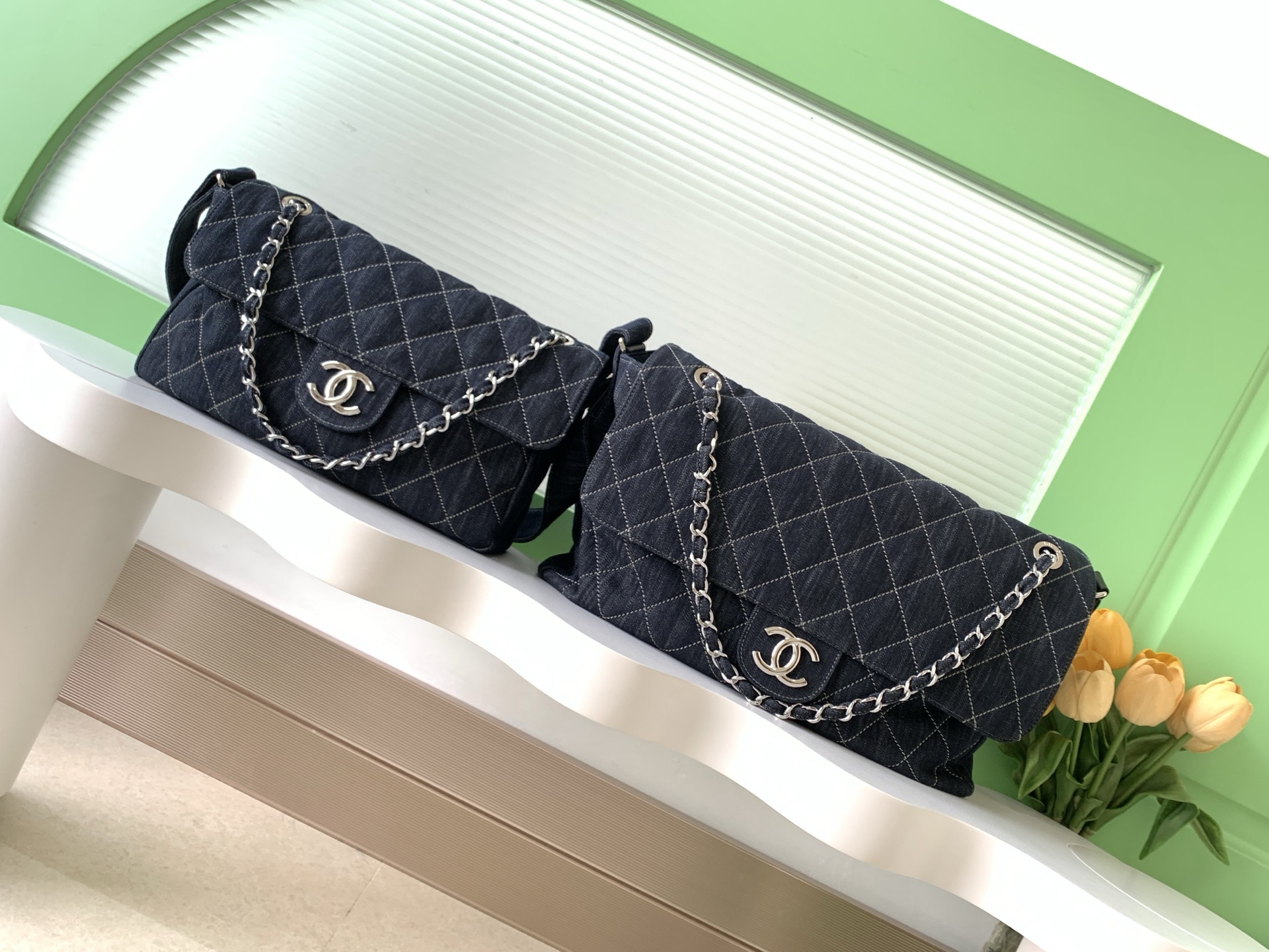 [TOP] CHANEL Classic Denim Flap Bag 30-40-11cm /22-34-10cm - Blue