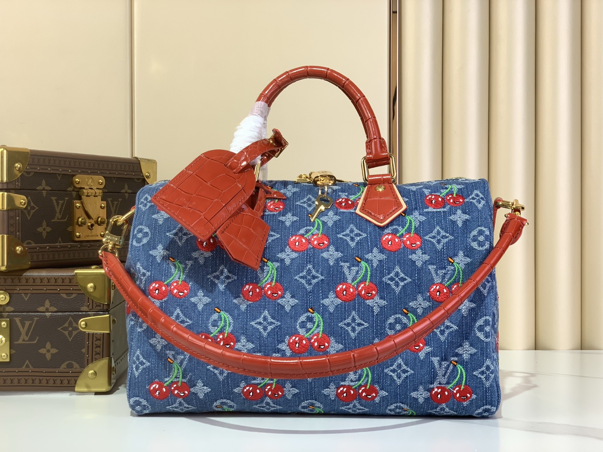[TOP] Louis Vuitton LV Speedy Soft 30 Bag Cowboy/Cherry 30x21x17cm - Blue