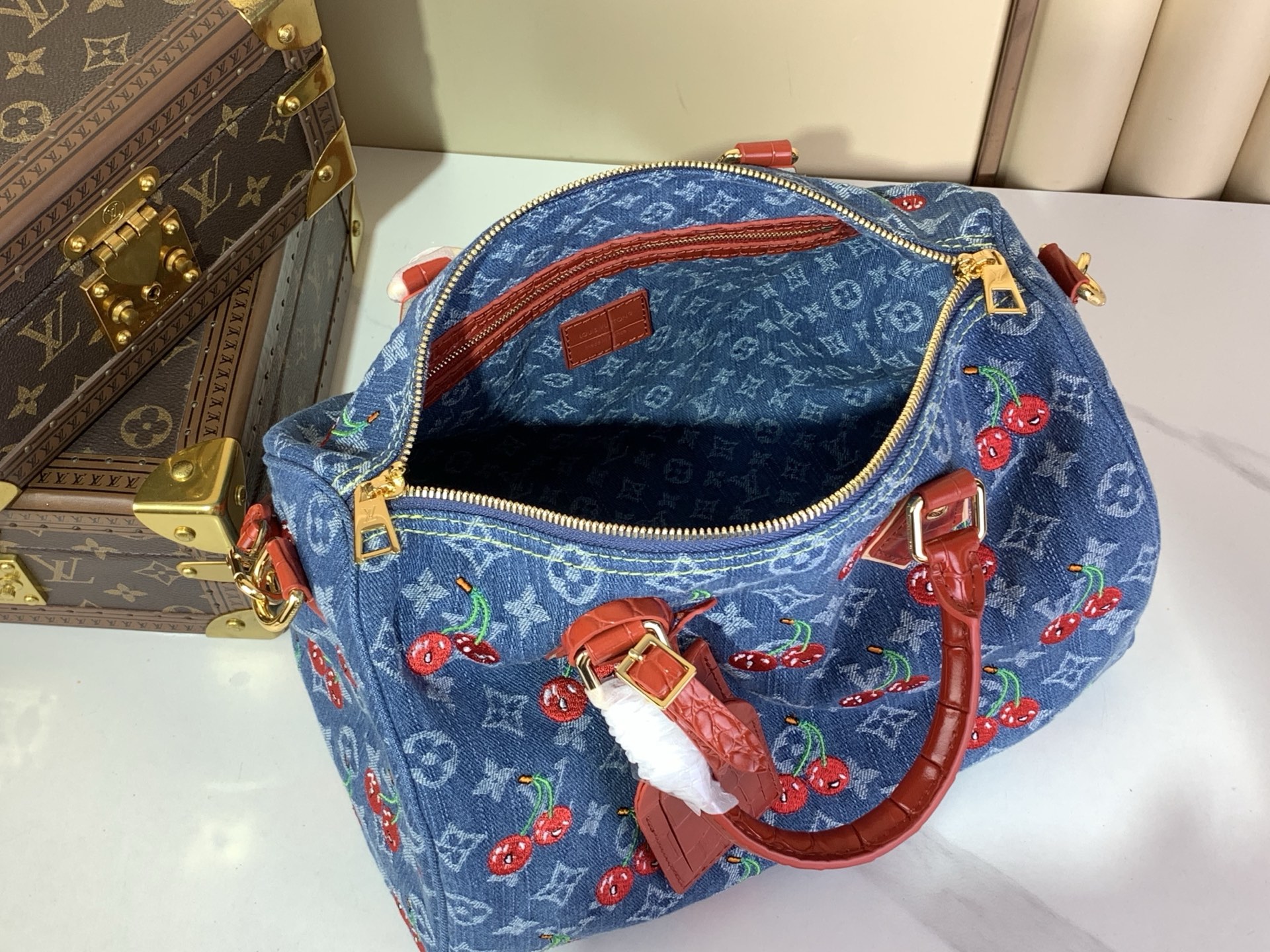 [TOP] Louis Vuitton LV Speedy Soft 30 Bag Cowboy/Cherry 30x21x17cm - Blue