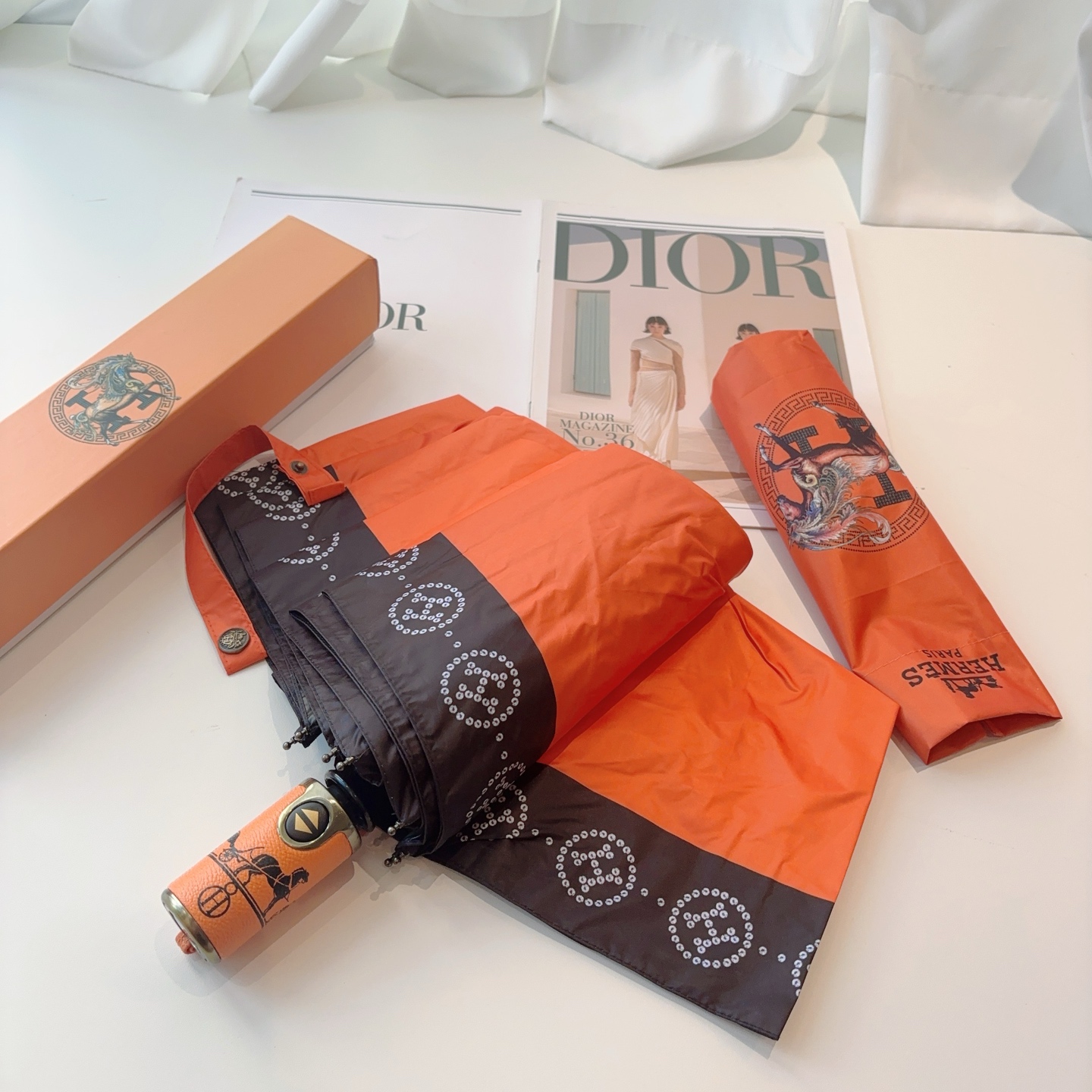 [TOP] HERMES Three-fold Automatic Umbrella - Orange