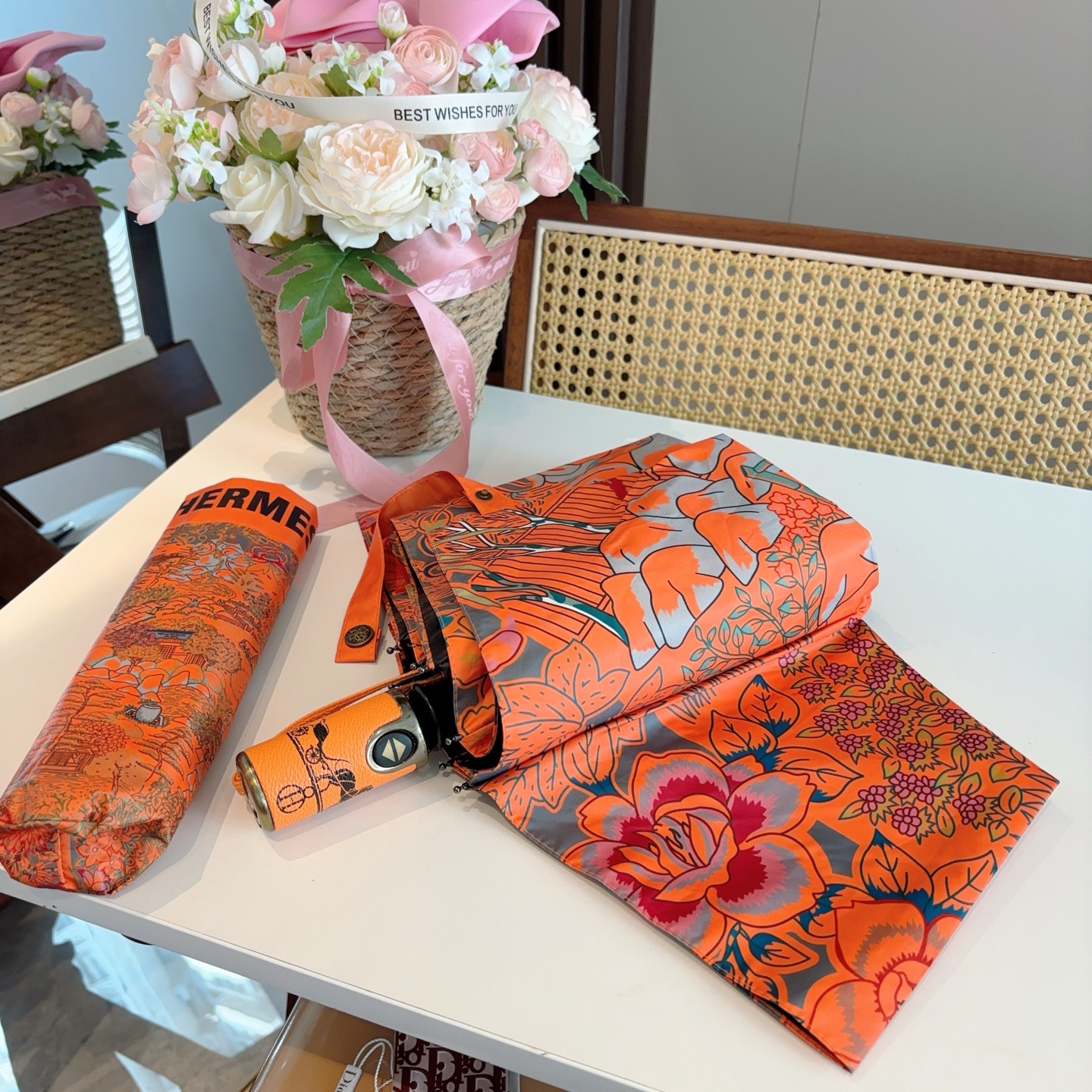 [TOP] HERMES Three-fold Automatic Umbrella - Orange