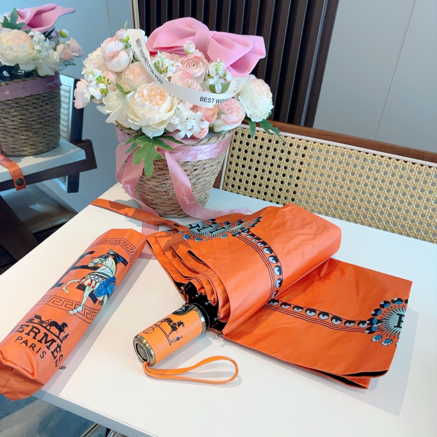 [TOP] HERMES Three-fold Automatic Umbrella - Orange