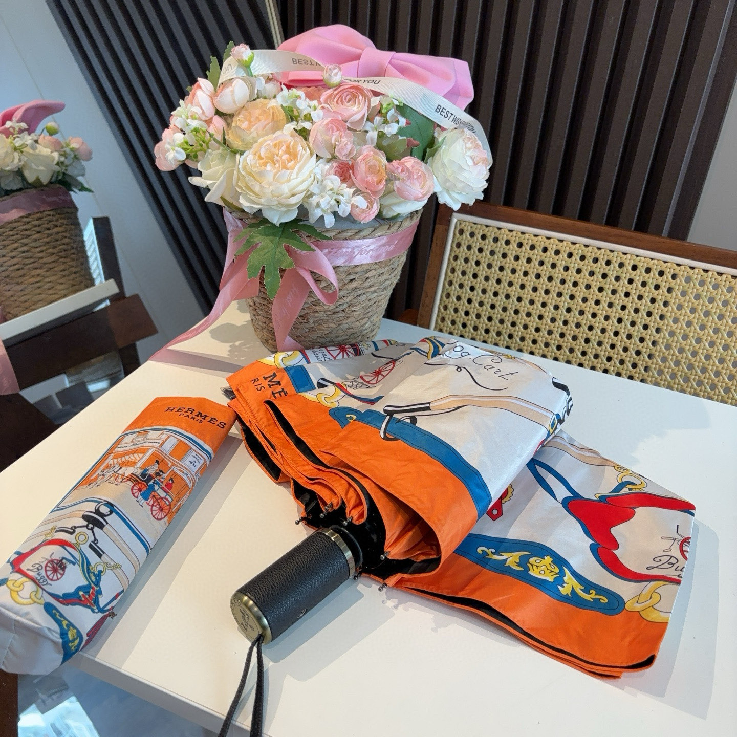 [TOP] HERMES Three-fold Automatic Umbrella - White