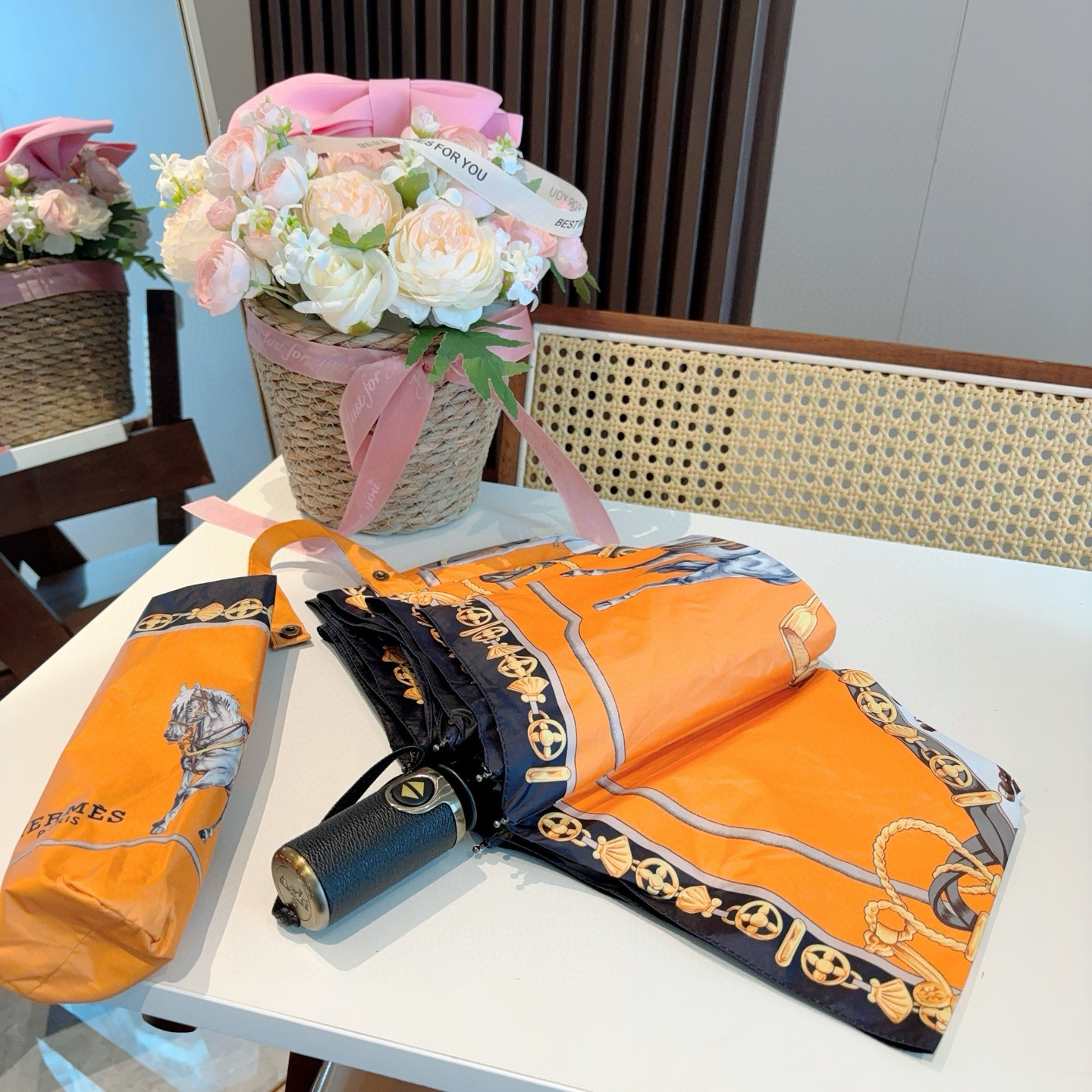 [TOP] HERMES Three-fold Automatic Umbrella - Orange