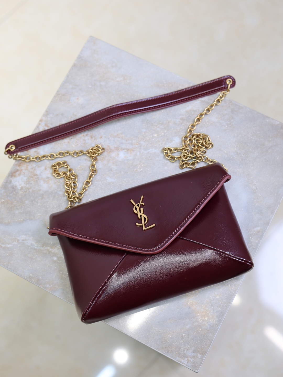 [TOP] Yves Saint Laurent YSL Calypso Bag Wax Leather 19×12×3cm - Dark Red