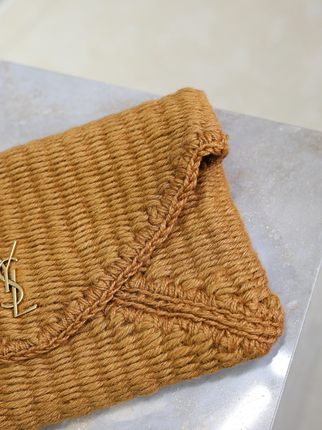 [TOP] Yves Saint Laurent YSL Le Woven Envelope Clutch Bag 29.5×18×4.5cm - Brown