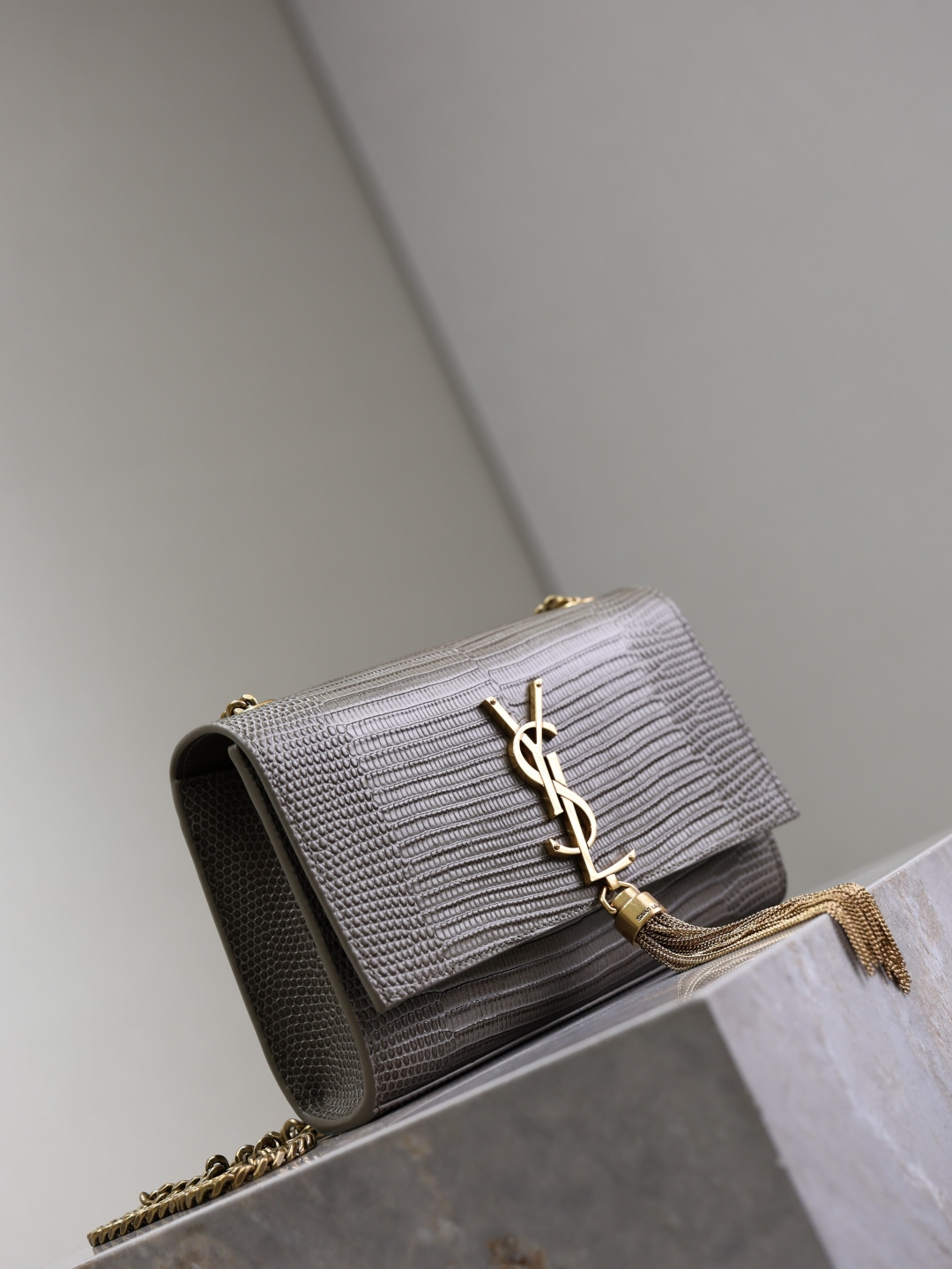 [TOP] Yves Saint Laurent YSL Kate Tassel Bag Lizard Print Cowhide 20x13.5x5.5cm - Gray & GHW