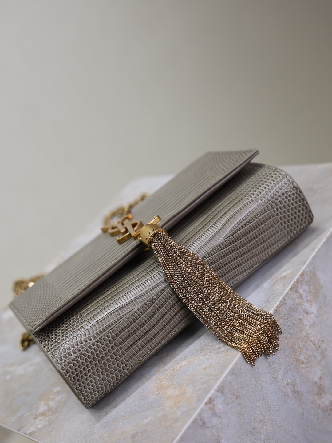 [TOP] Yves Saint Laurent YSL Kate Tassel Bag Lizard Print Cowhide 20x13.5x5.5cm - Gray & GHW