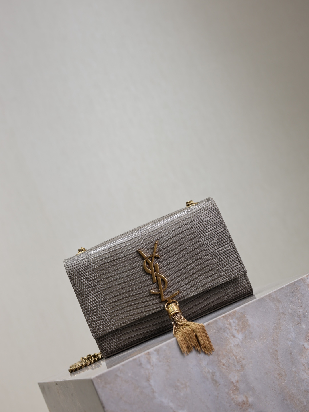 [TOP] Yves Saint Laurent YSL Kate Tassel Bag Lizard Print Cowhide 20x13.5x5.5cm - Gray & GHW