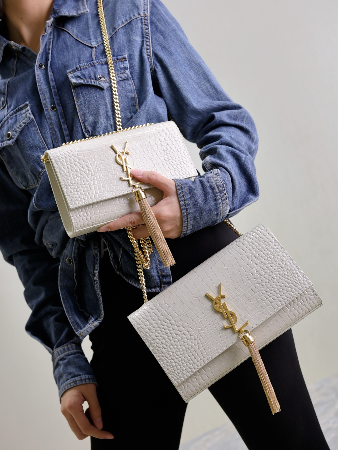 [TOP] Yves Saint Laurent YSL Kate Tassel Bag Croc Embossed Cowhide 20x13.5x5.5cm/24x14.5x5cm - White & GHW