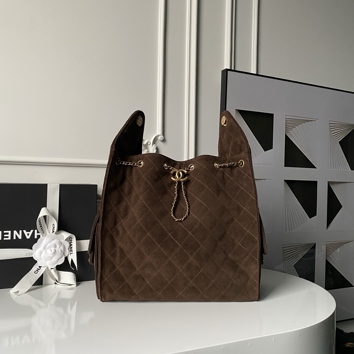 [TOP] CHANEL Hobo Shopping Bag 26x30x14cm/30x15x40cm - Brown