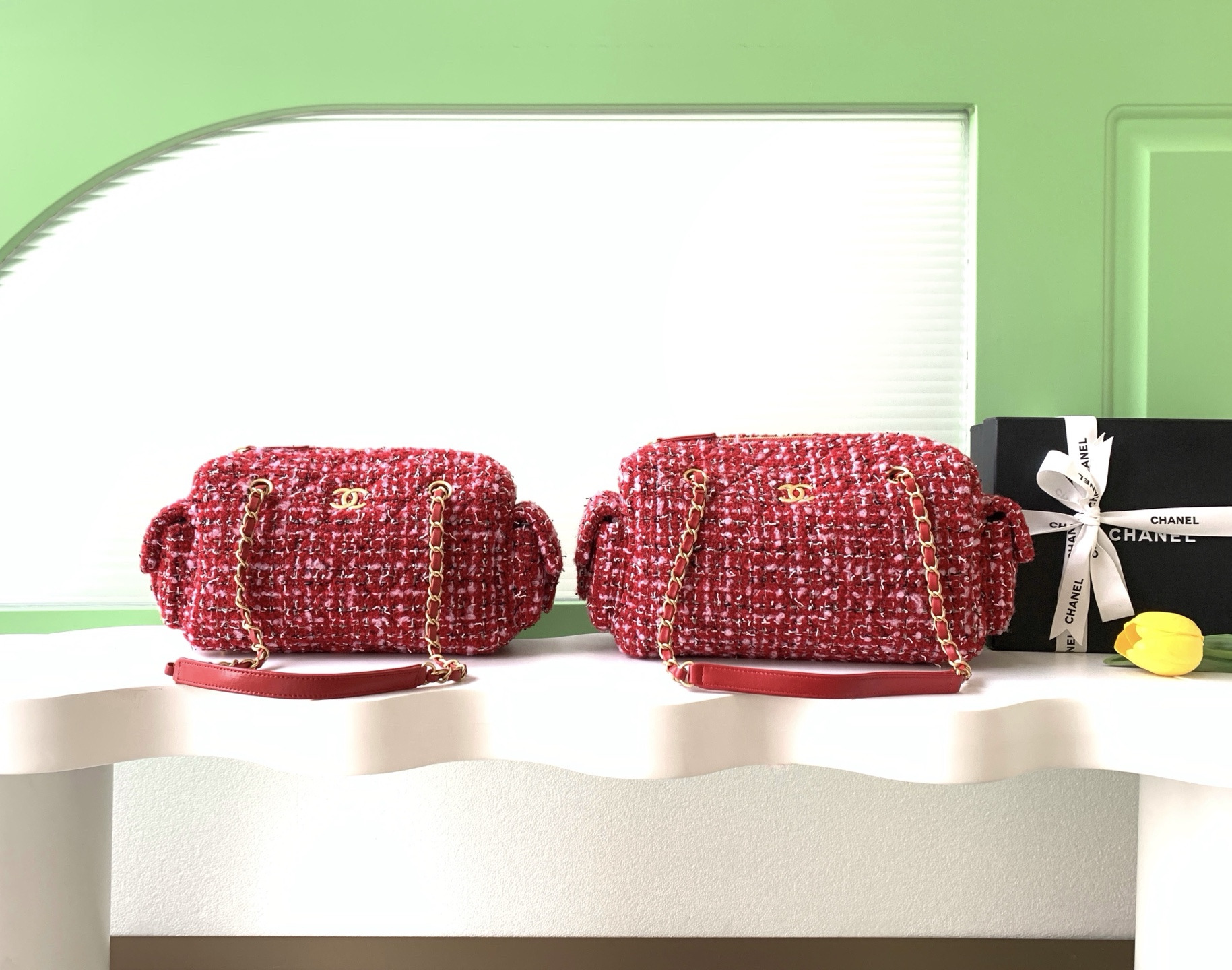 [TOP] CHANEL  Bowling Bag 15.5-24-11.5cm/18.5-27-13.5cm  - Red