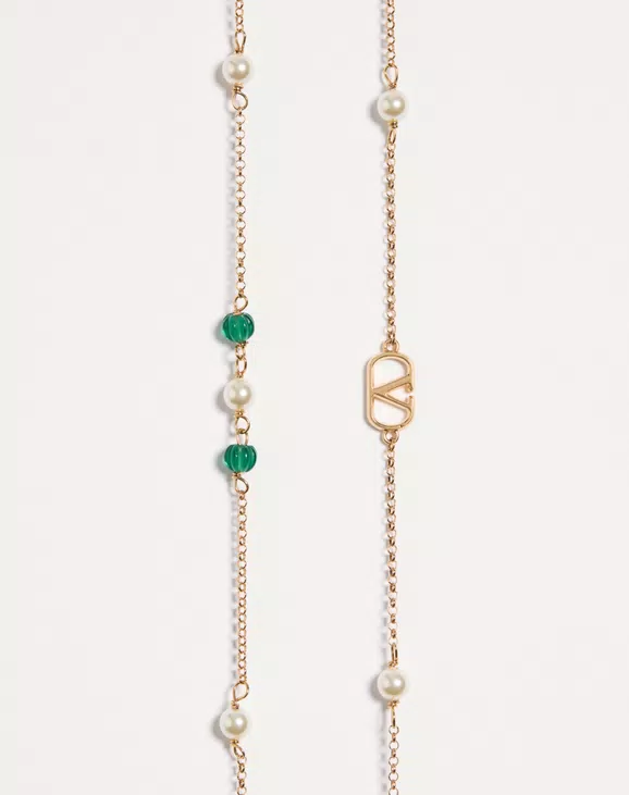 [TOP] VALENTINO Vlogo Signature Metal Necklace With Glass Pearls - Gold