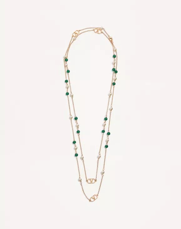 [TOP] VALENTINO Vlogo Signature Metal Necklace With Glass Pearls - Gold