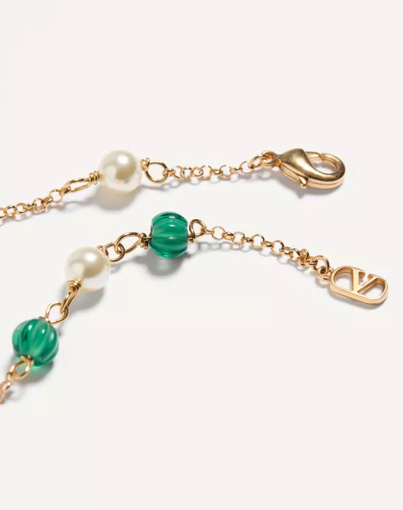 [TOP] VALENTINO Vlogo Signature Metal Necklace With Glass Pearls - Gold
