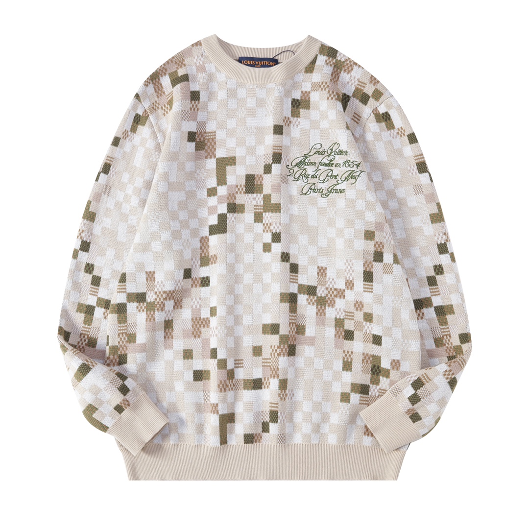 [TOP] Louis Vuitton LV Men's Camouflage Mosaic Printed Checkerboard Crew Neck Sweater - Beige