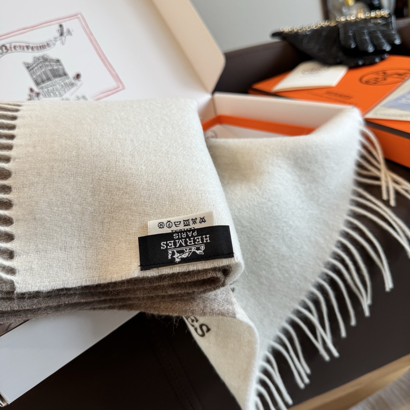 [TOP] HERMES Scarf with Embroidery Logo 35 x 190 cm - Gray and White