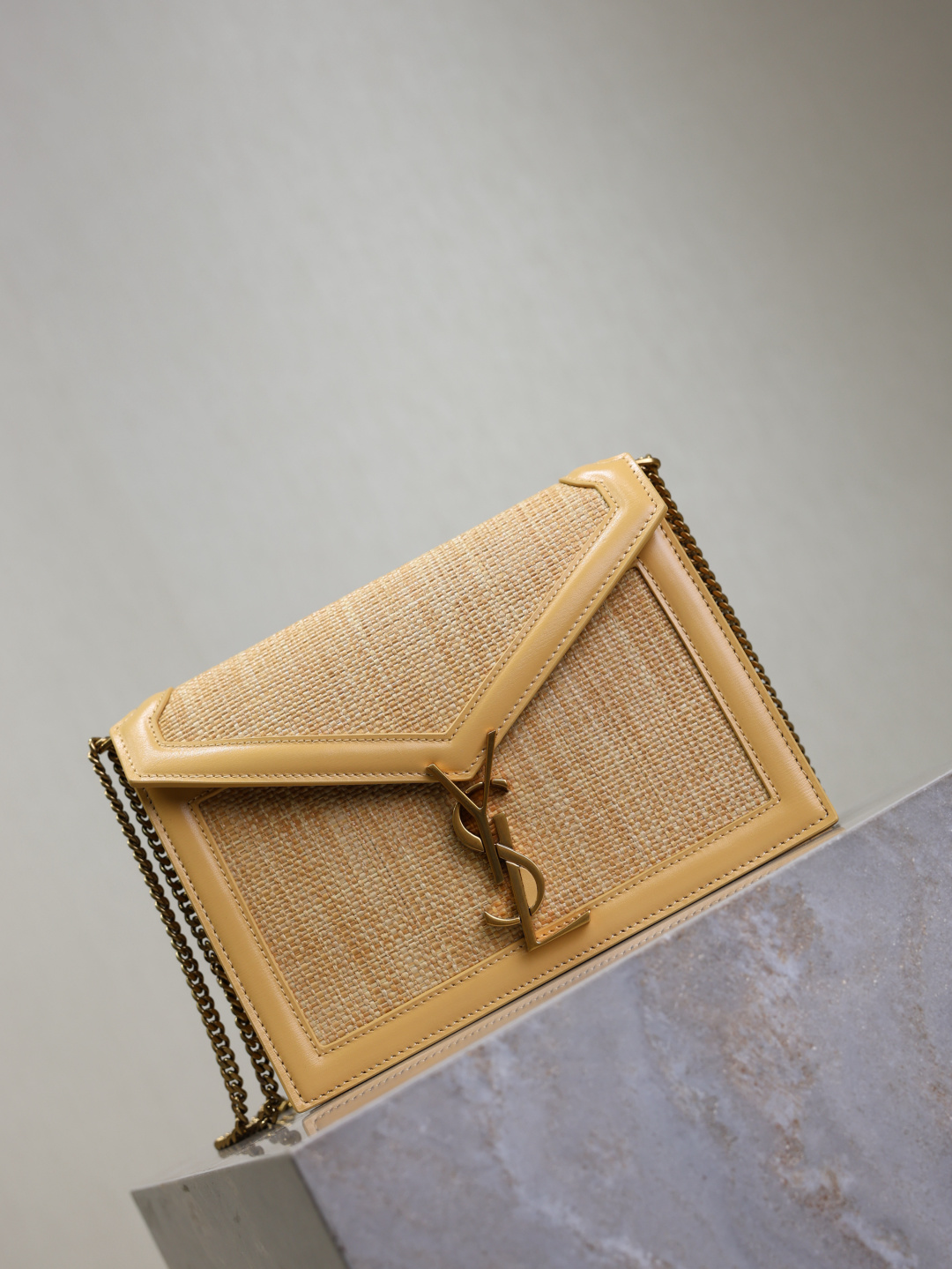 [TOP] Yves Saint Laurent YSL Cassandra Clasp Bag Cowhide with Woven Details 22x16.5x5.5cm - Apricot