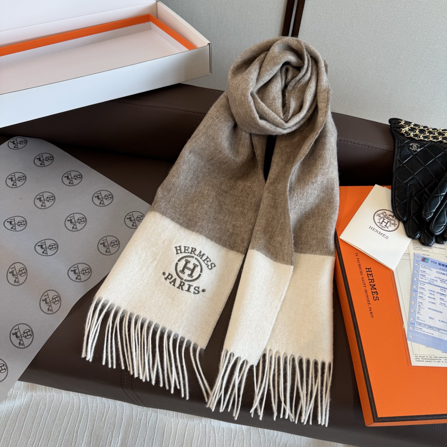 [TOP] HERMES Scarf with Embroidery Logo 35 x 190 cm - Gray and White