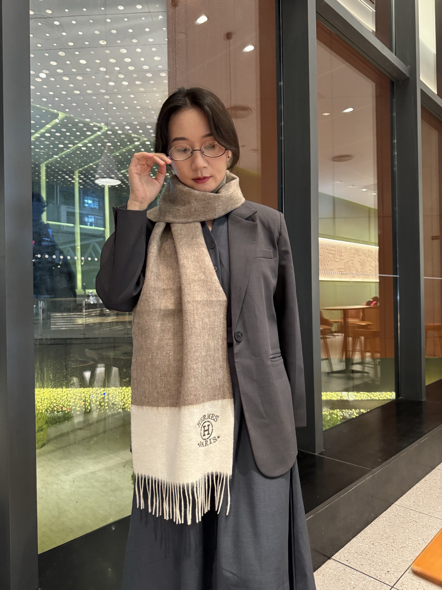 [TOP] HERMES Scarf with Embroidery Logo 35 x 190 cm - Gray and White