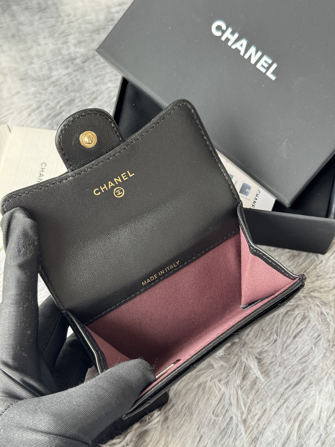 [TOP] CHANEL Card Holder Lambskin/Calfskin 11x8.5x3cm - Black