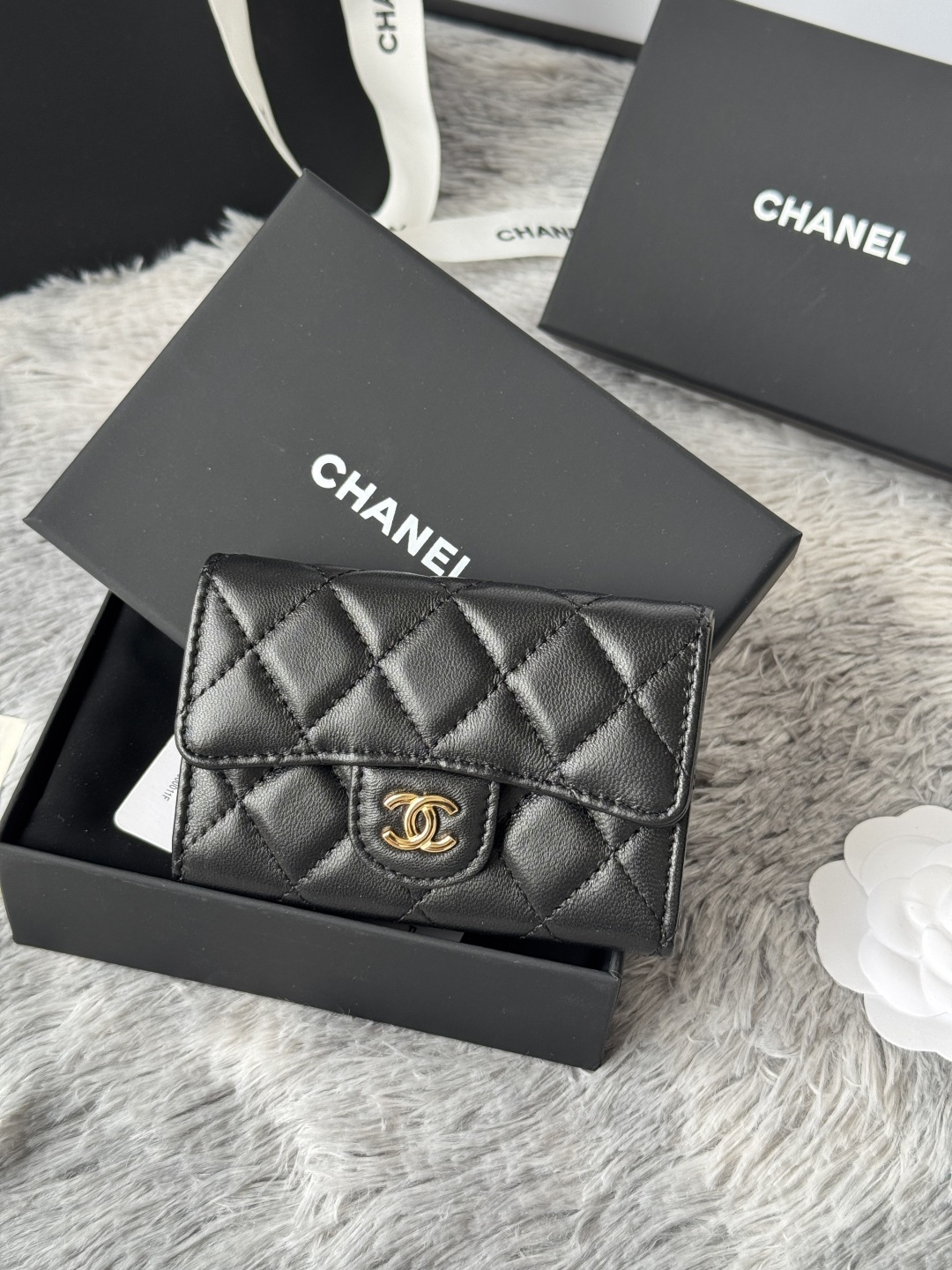 [TOP] CHANEL Card Holder Lambskin/Calfskin 11x8.5x3cm - Black