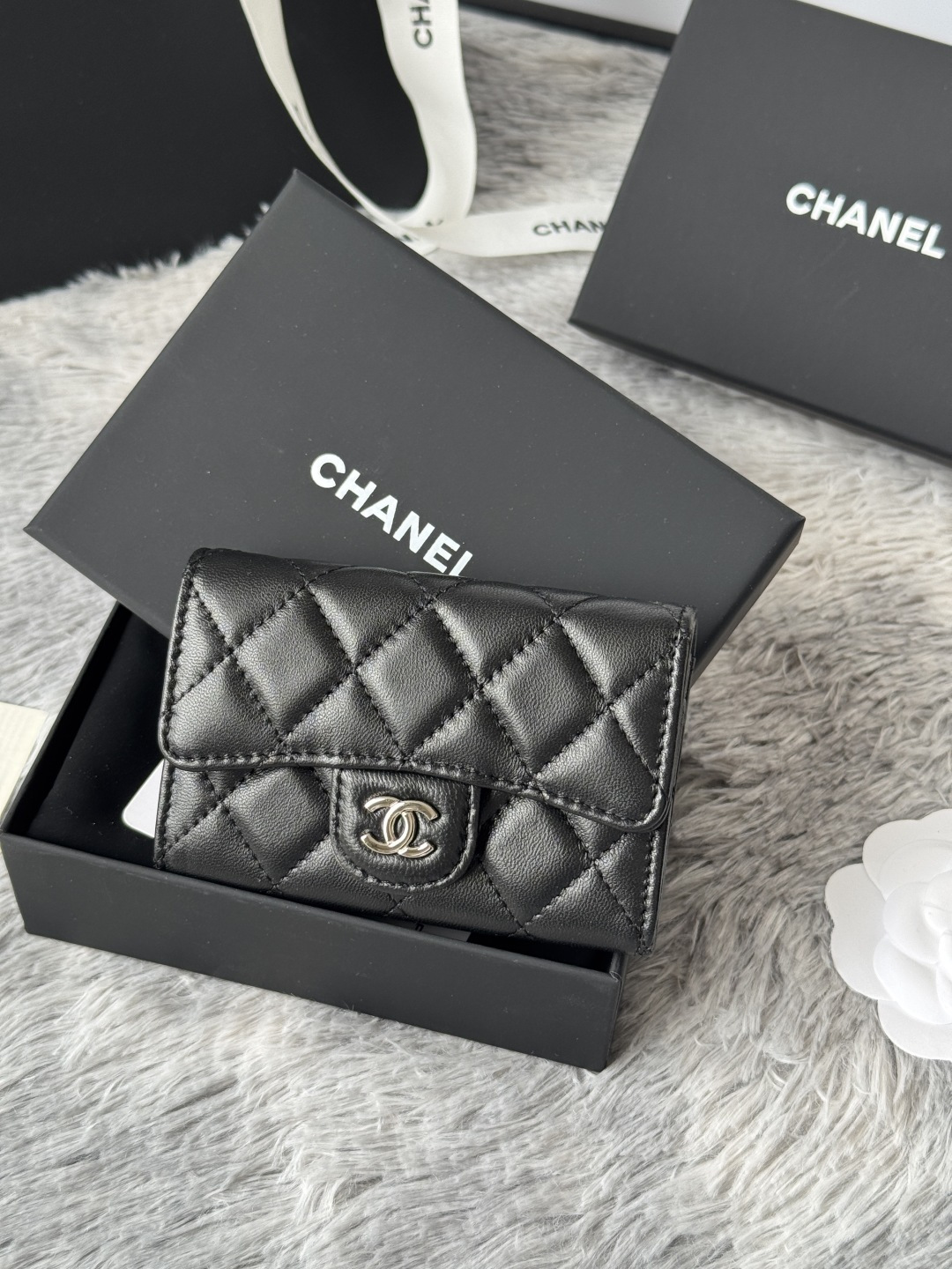 [TOP] CHANEL Card Holder Lambskin/Calfskin 11x8.5x3cm - Black