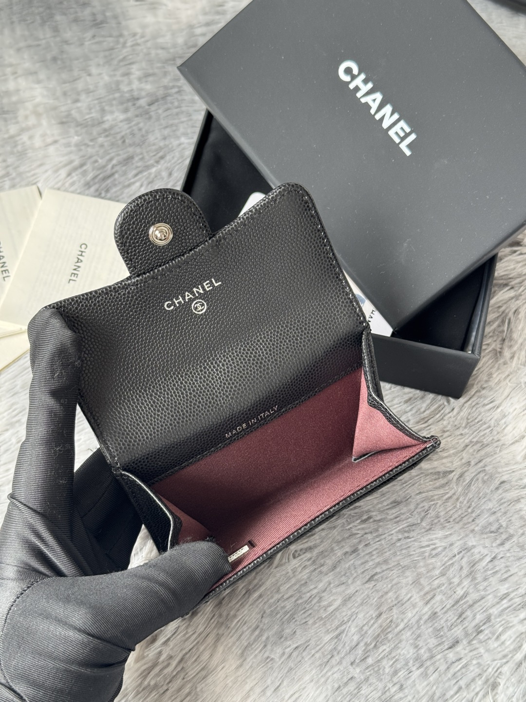 [TOP] CHANEL Card Holder Lambskin/Calfskin 11x8.5x3cm - Black