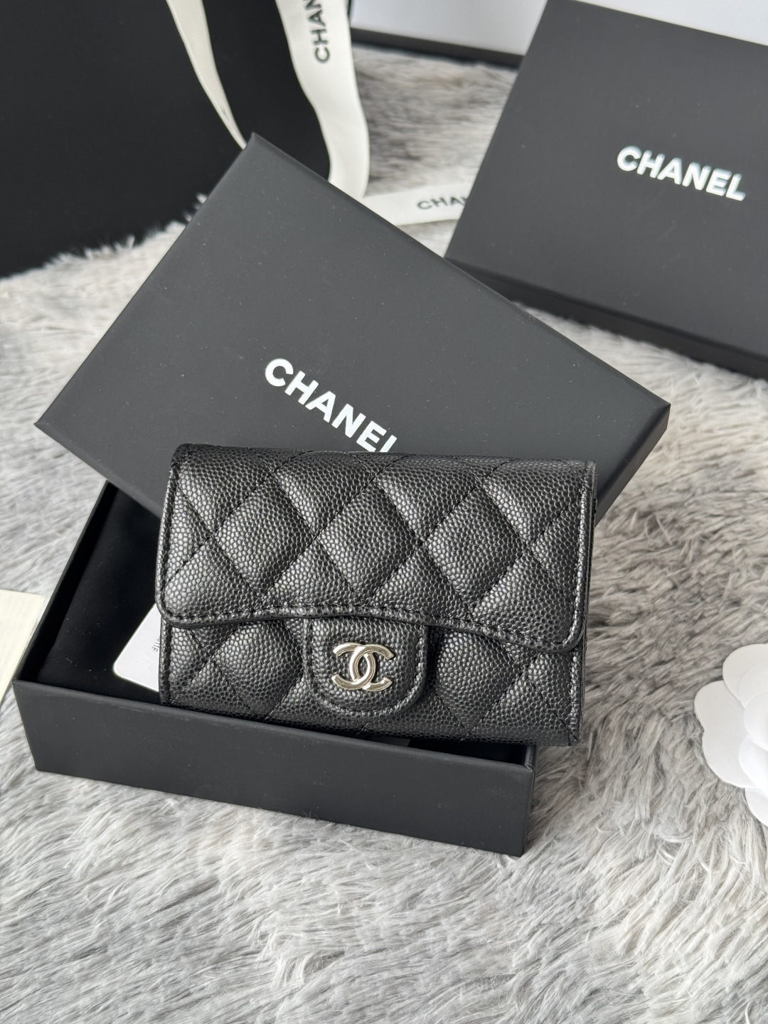 [TOP] CHANEL Card Holder Lambskin/Calfskin 11x8.5x3cm - Black