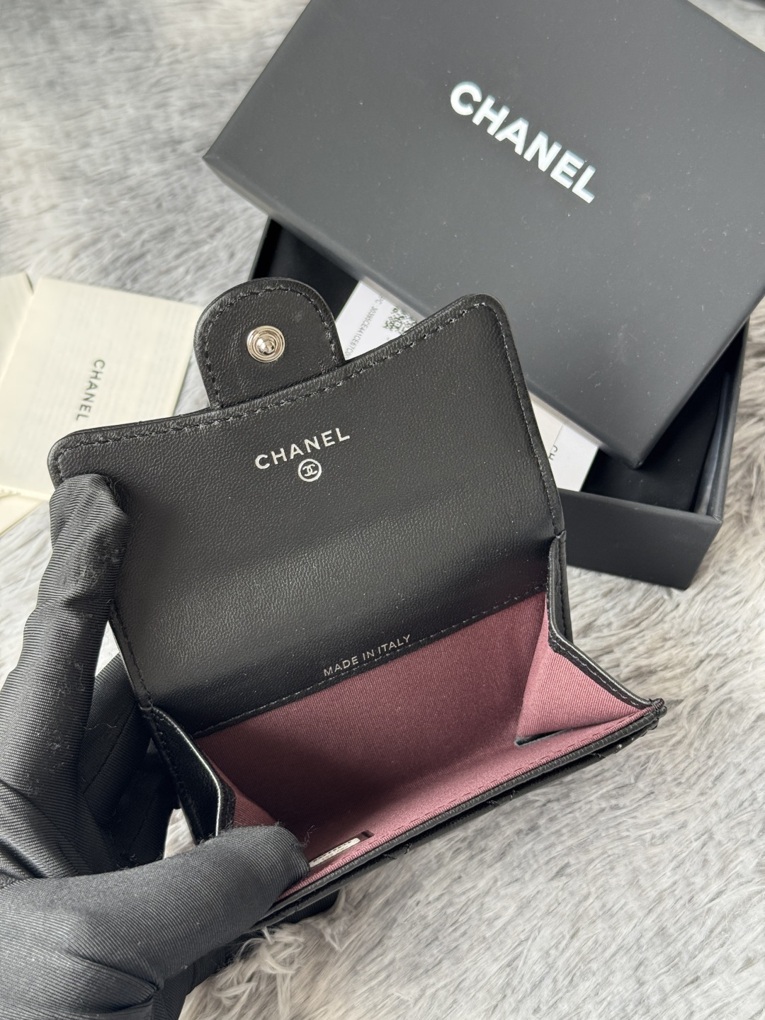 [TOP] CHANEL Card Holder Lambskin/Calfskin 11x8.5x3cm - Black
