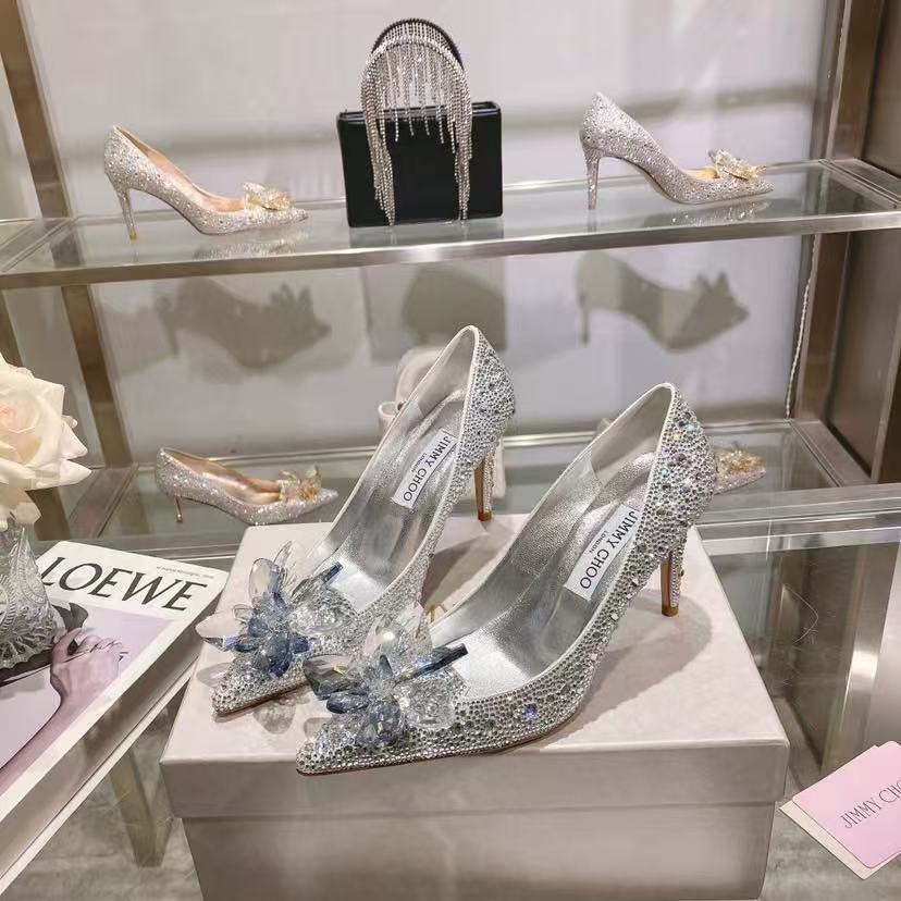 [TOP] Jimmy Choo Rose Mix Suede and Crystal Covered Pointy Toe Pumps 8.5cm/10cm - Sliver