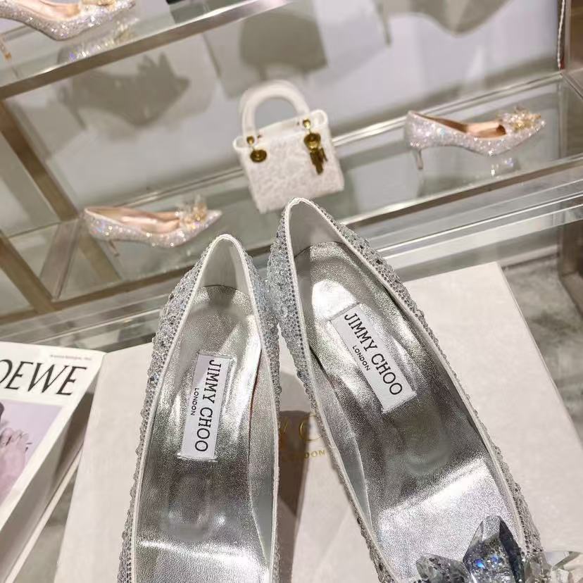 [TOP] Jimmy Choo Rose Mix Suede and Crystal Covered Pointy Toe Pumps 8.5cm/10cm - Sliver