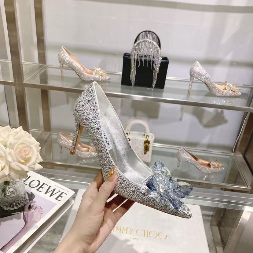 [TOP] Jimmy Choo Rose Mix Suede and Crystal Covered Pointy Toe Pumps 8.5cm/10cm - Sliver