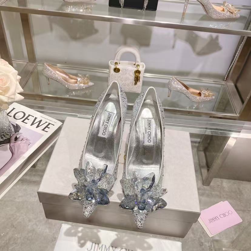 [TOP] Jimmy Choo Rose Mix Suede and Crystal Covered Pointy Toe Pumps 8.5cm/10cm - Sliver