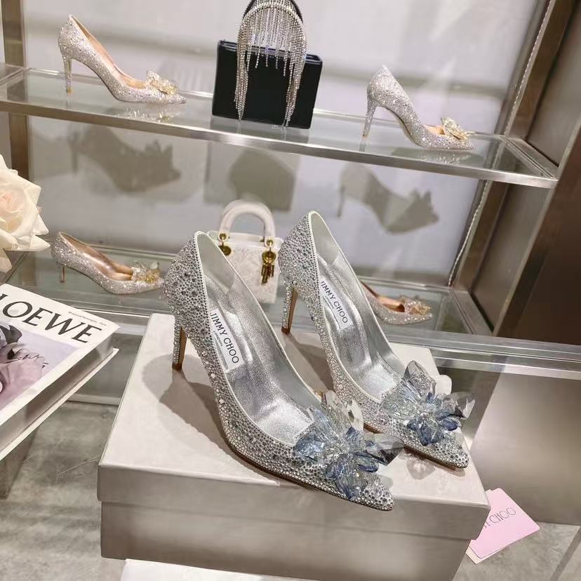 [TOP] Jimmy Choo Rose Mix Suede and Crystal Covered Pointy Toe Pumps 8.5cm/10cm - Sliver