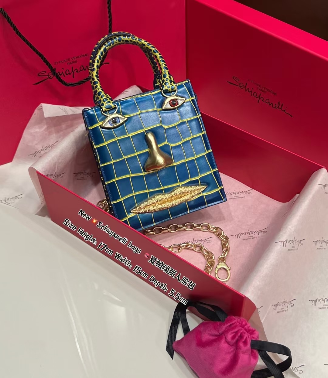 [TOP] Schiaparelli Crocodile Pattern Anatomy Face Mini Top-Handle Bag 17-15- 5.5cm - 2 Colors