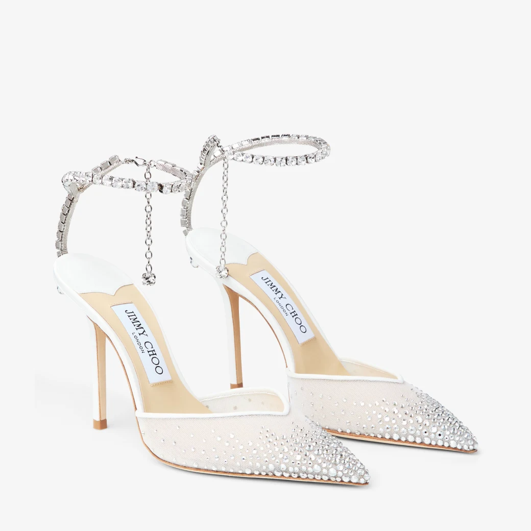 [TOP] Jimmy Choo Saeda 100 White Mesh Crystal Pumps - White