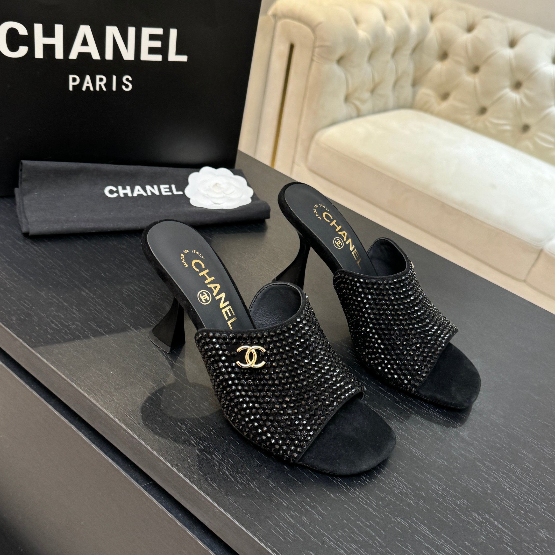 [TOP] CHANEL High Heel Sliders Embellished with Rhinestones - 3 Color