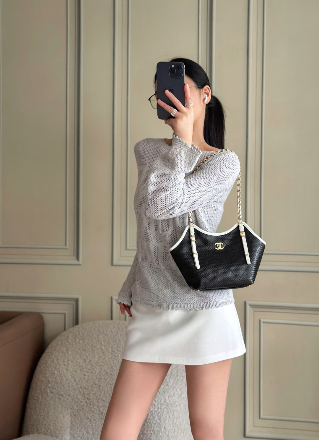 [TOP] CHANE Tote Bag with Woven Straw Material Paired and Cowhide Leather 20×28×7cm - 3 Colors