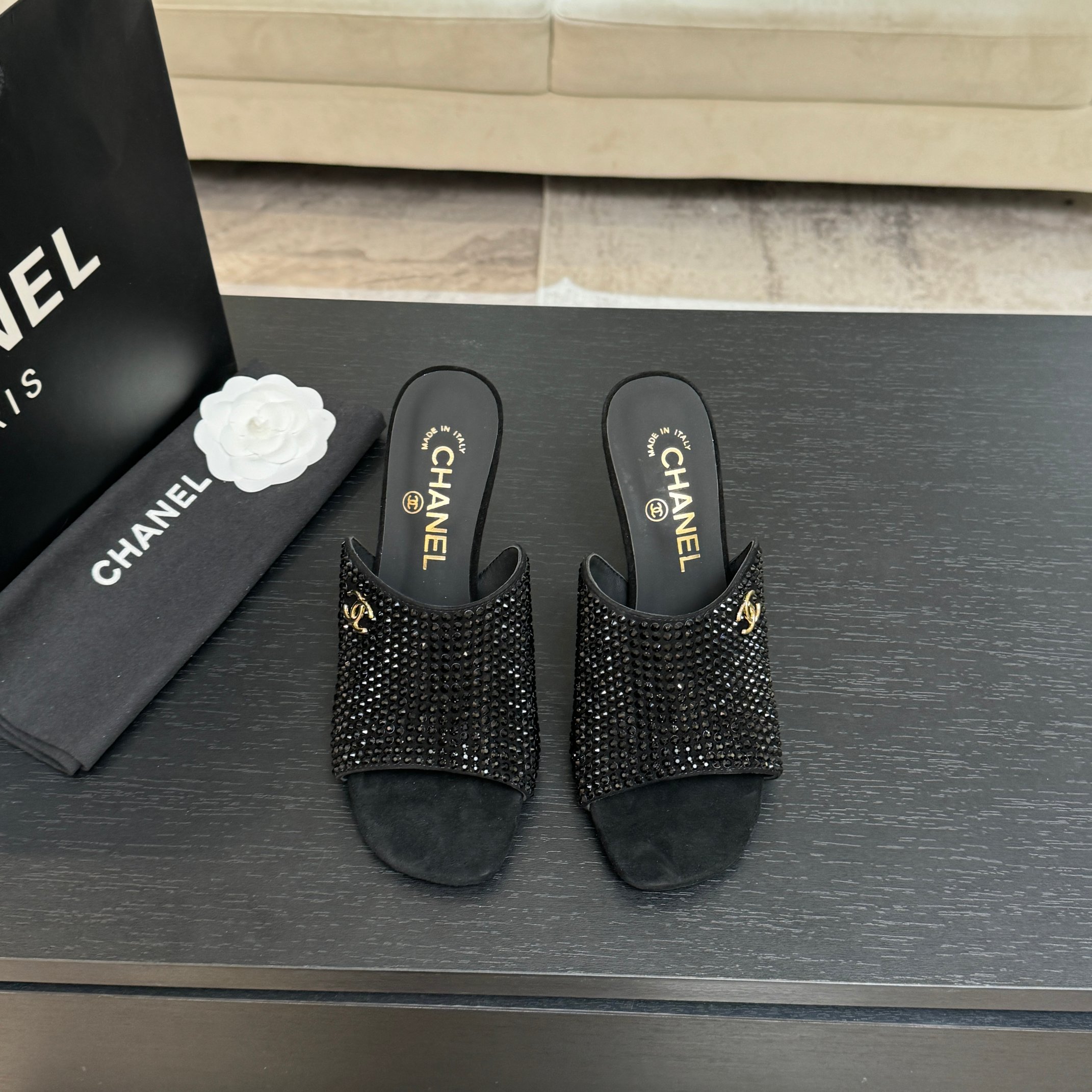 [TOP] CHANEL High Heel Sliders Embellished with Rhinestones - 3 Color