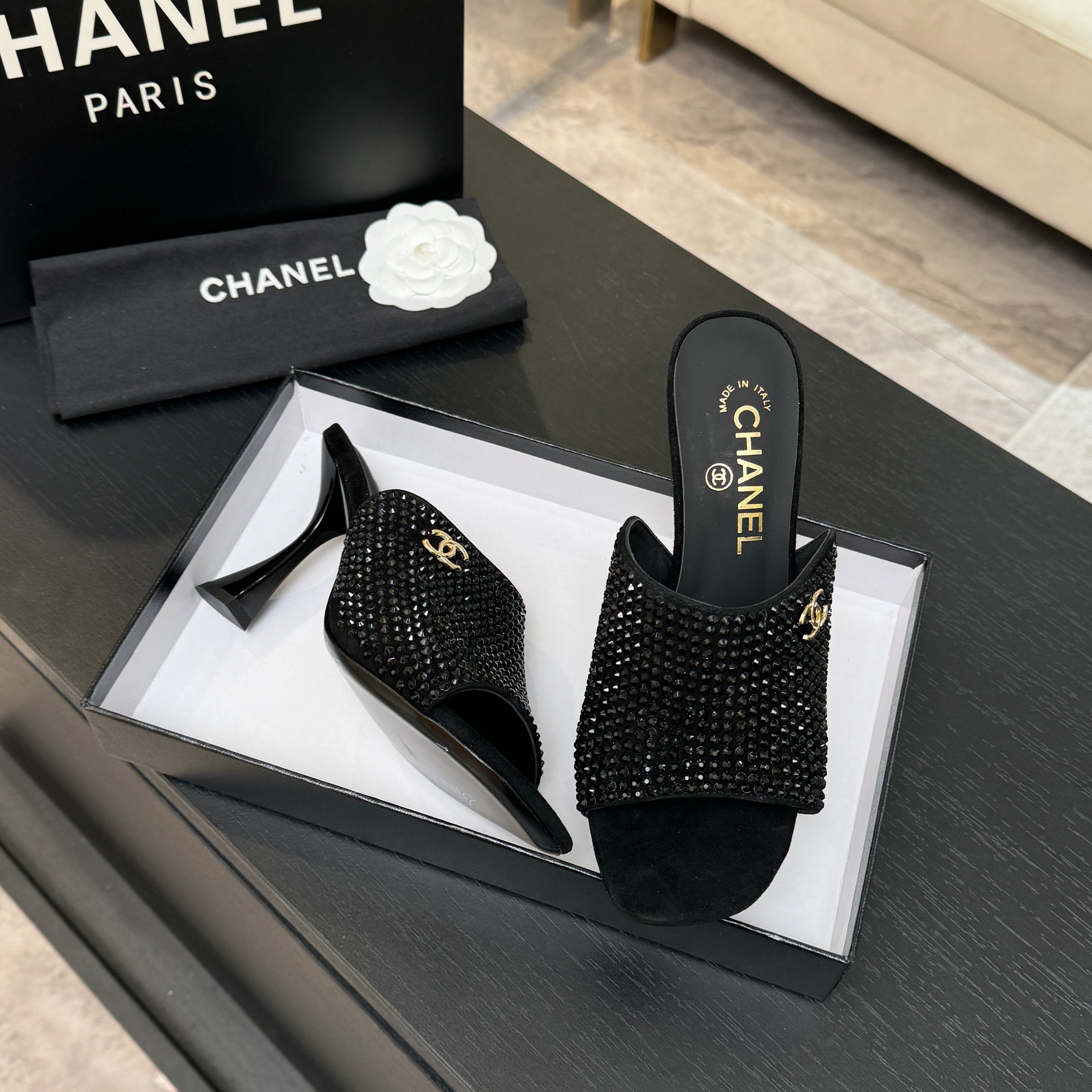[TOP] CHANEL High Heel Sliders Embellished with Rhinestones - 3 Color