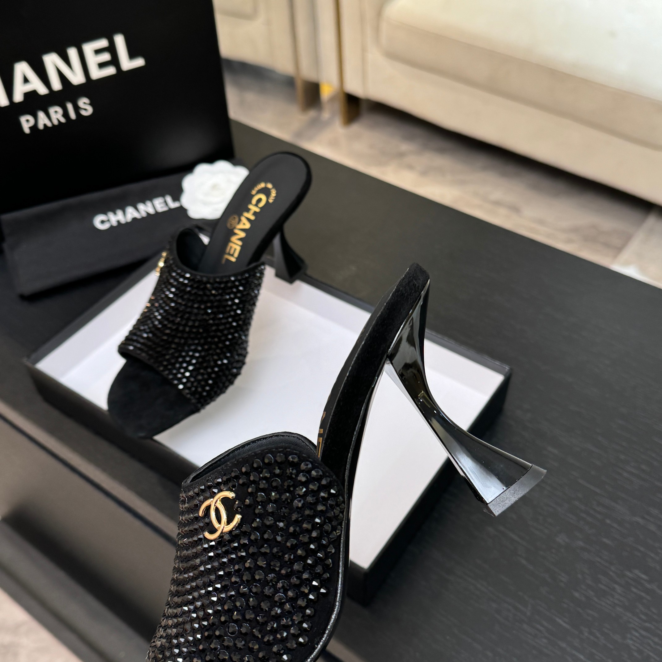 [TOP] CHANEL High Heel Sliders Embellished with Rhinestones - 3 Color