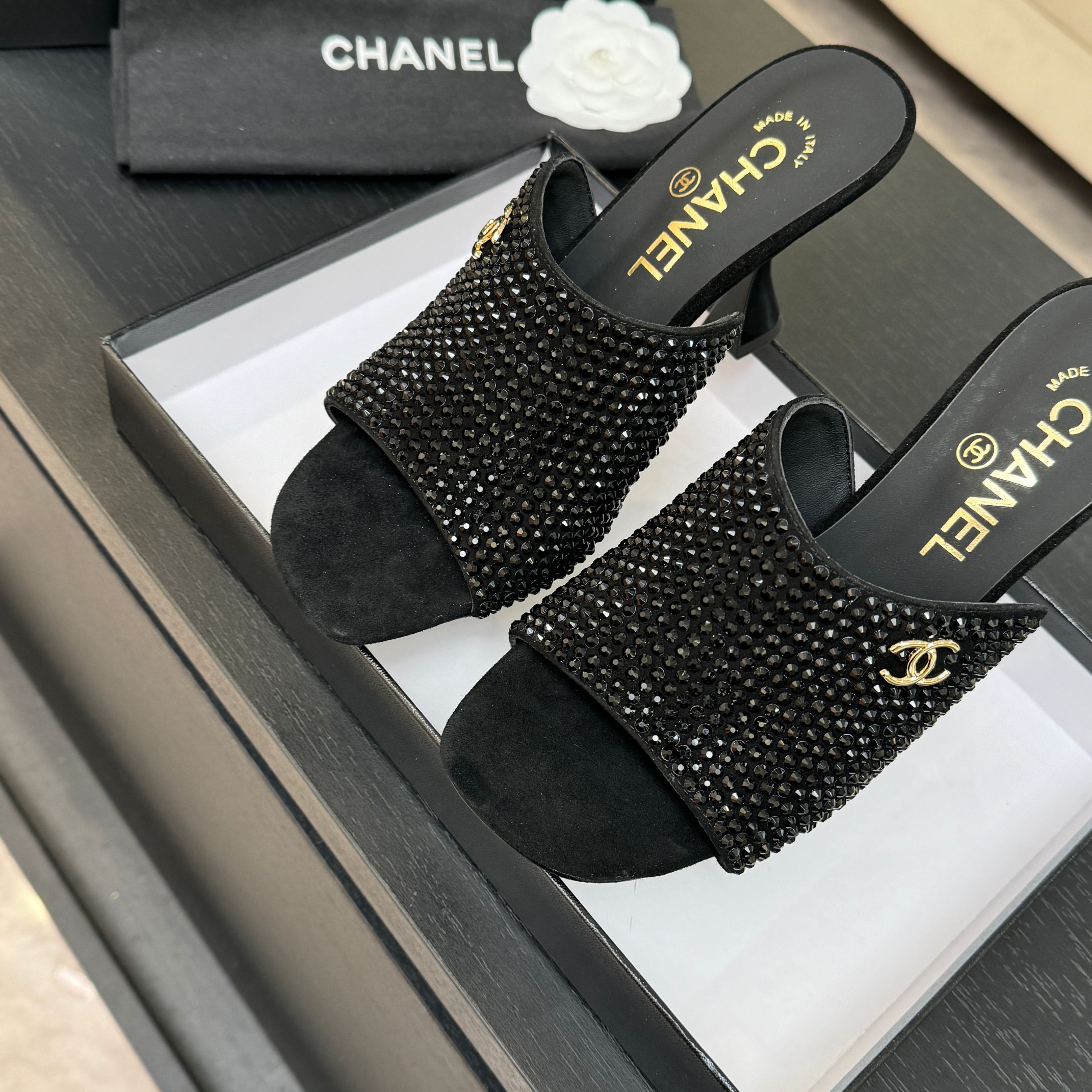 [TOP] CHANEL High Heel Sliders Embellished with Rhinestones - 3 Color