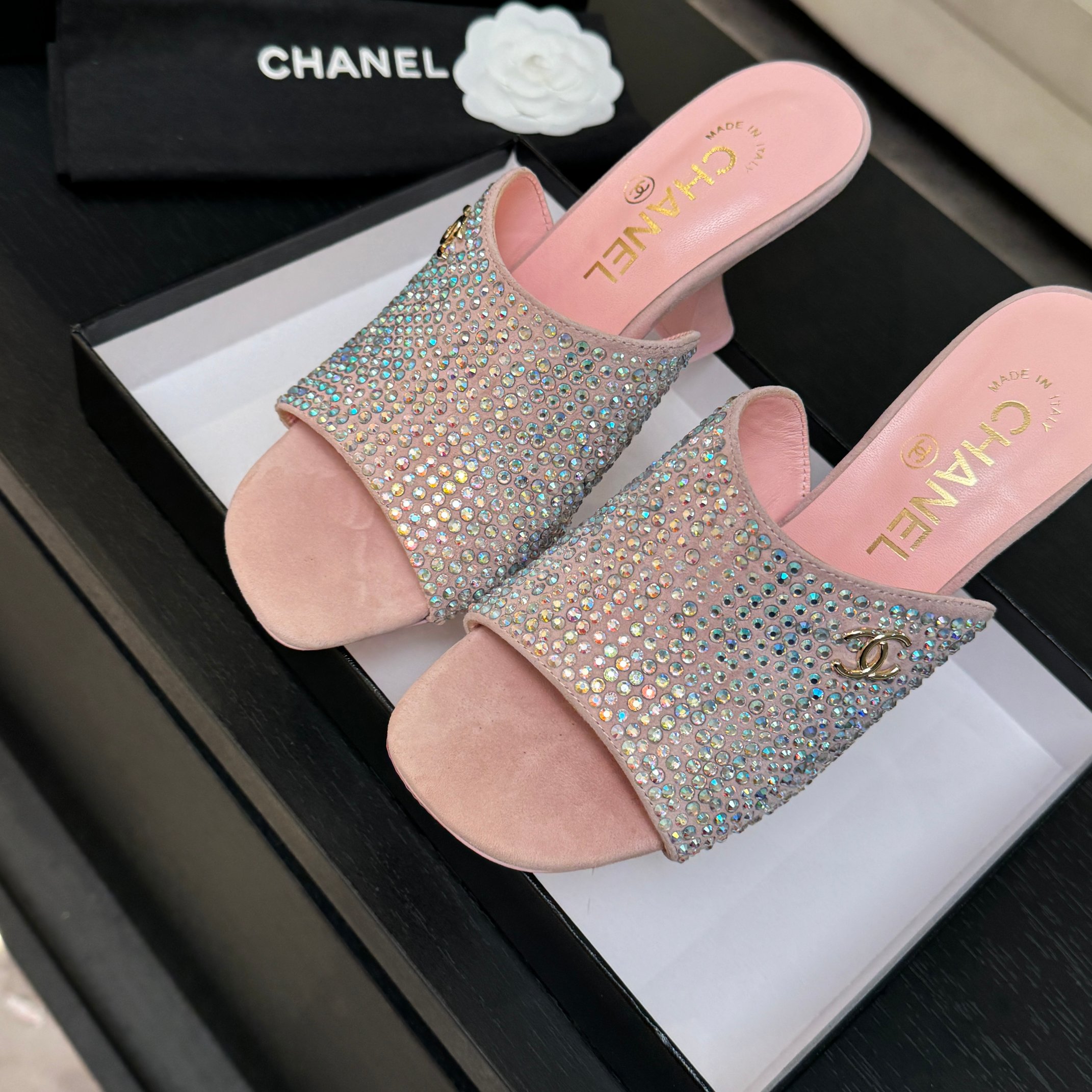 [TOP] CHANEL High Heel Sliders Embellished with Rhinestones - 3 Color