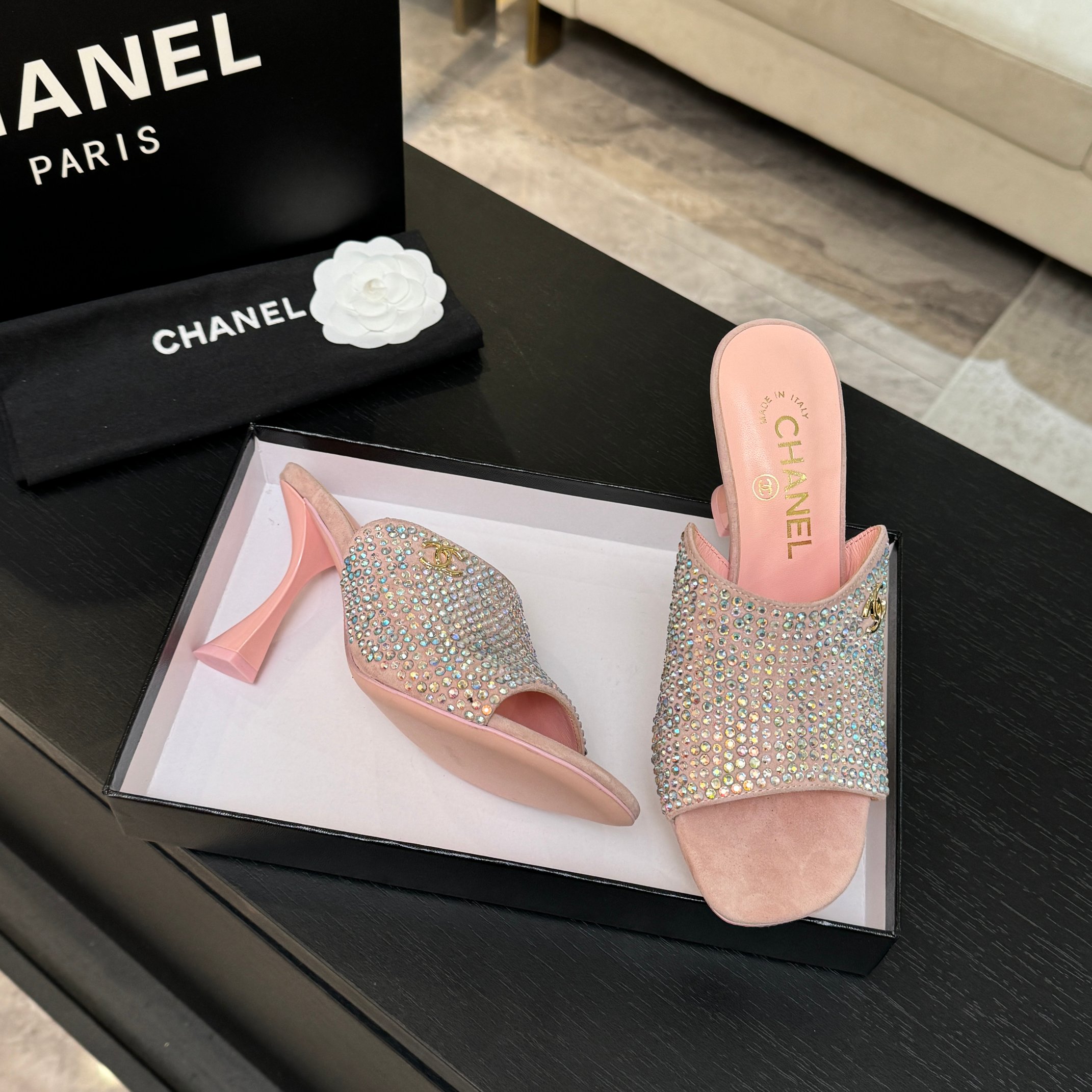 [TOP] CHANEL High Heel Sliders Embellished with Rhinestones - 3 Color