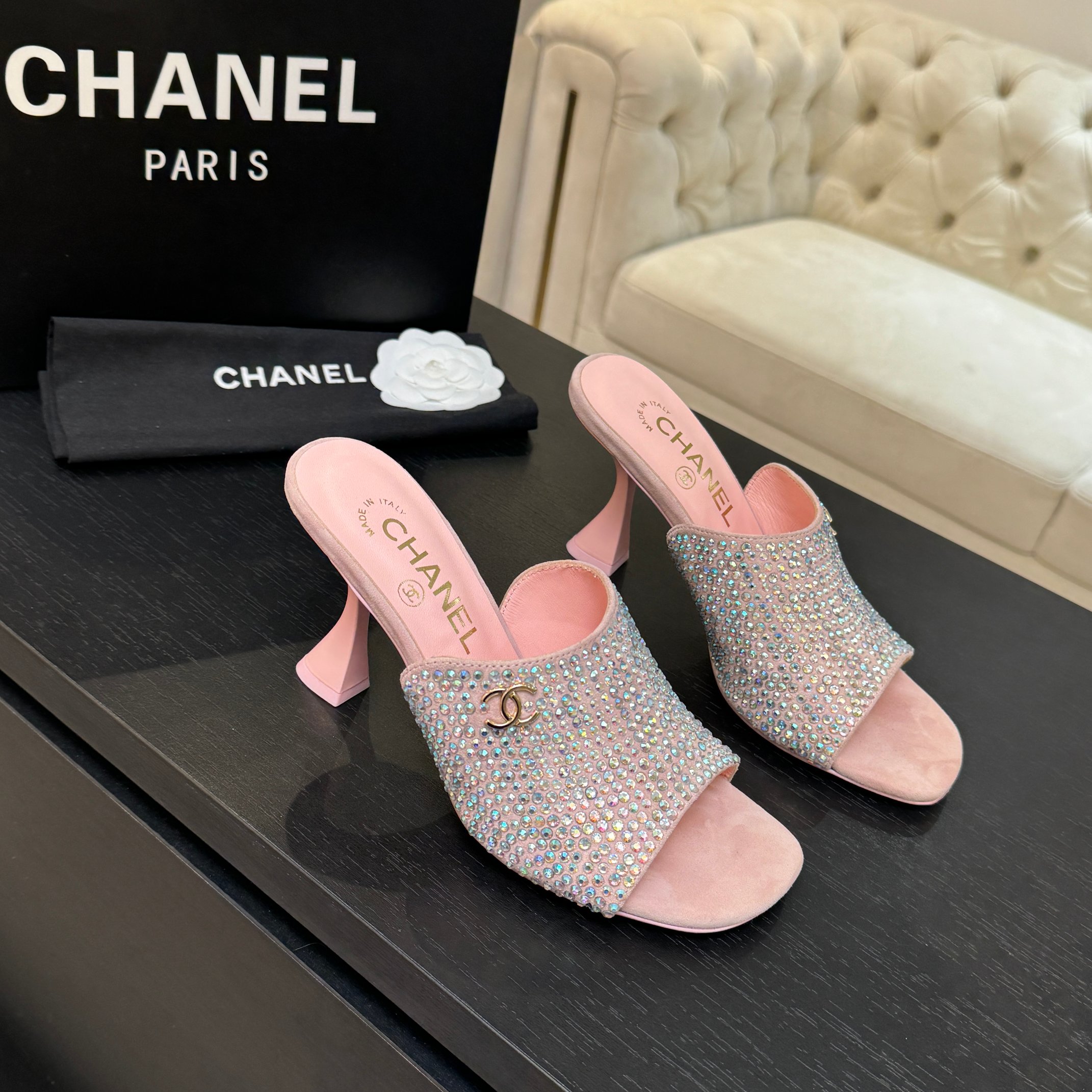 [TOP] CHANEL High Heel Sliders Embellished with Rhinestones - 3 Color