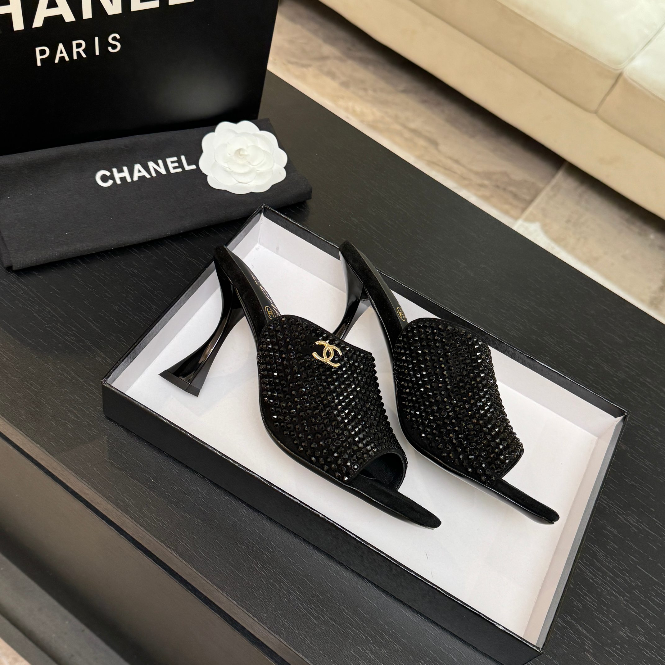 [TOP] CHANEL High Heel Sliders Embellished with Rhinestones - 3 Color